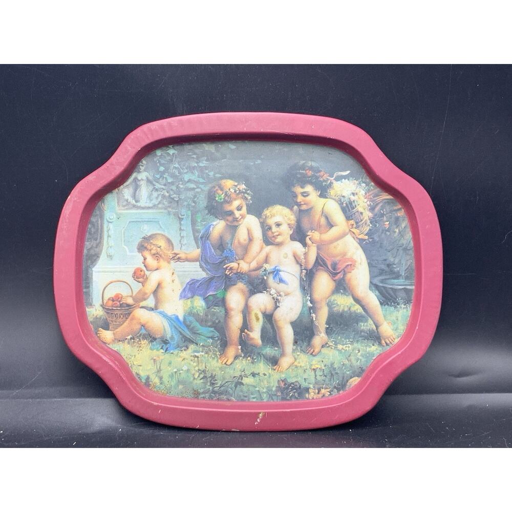 Vtg Metal Tray With Babies Flowers Trippies 1996 England‎ 7 3/4”